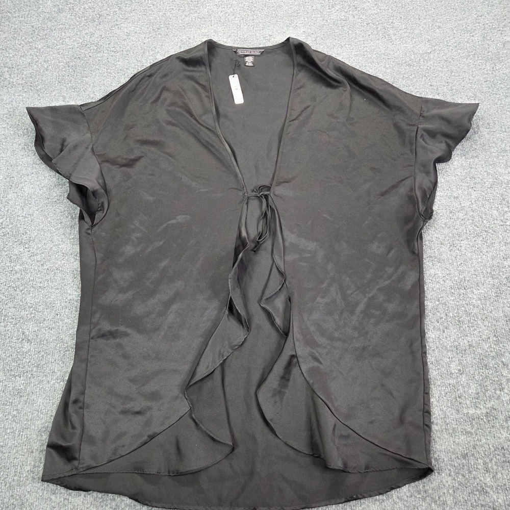 NEW Victoria Secret Robe Black Satin‎ Tie Front Sexy Ruffle One Size $58